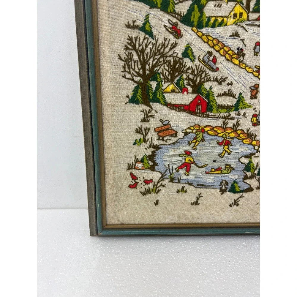 Vintage Framed Crewel Embroidery Winter Village Landscape Wood Frame Grannycore